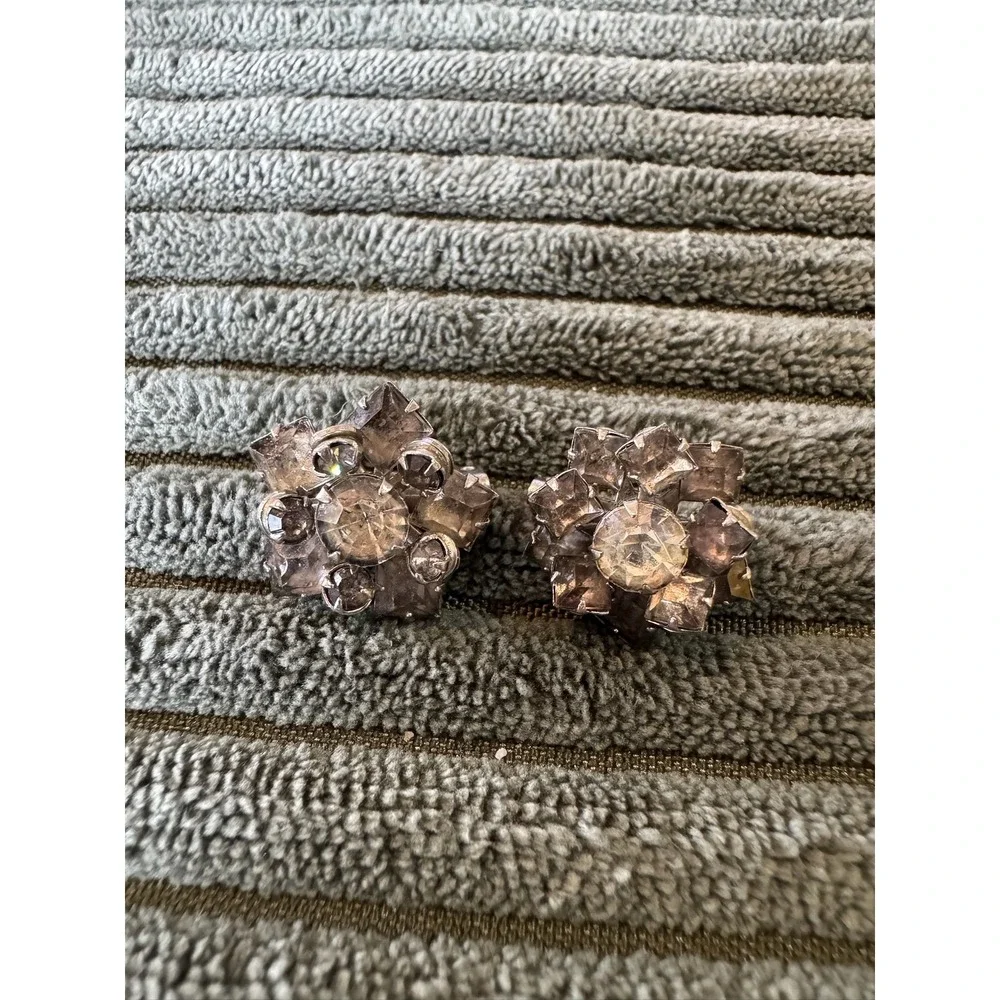 Vintage Rhinestone Brooch Pin Set Flower‎ Floral Silver Tone Costume Jewelry