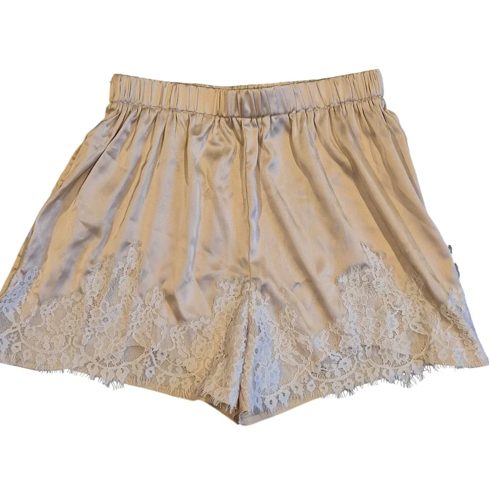 Champagne Satin Lace Trim Lounge Shorts Sleepwear Beige Small