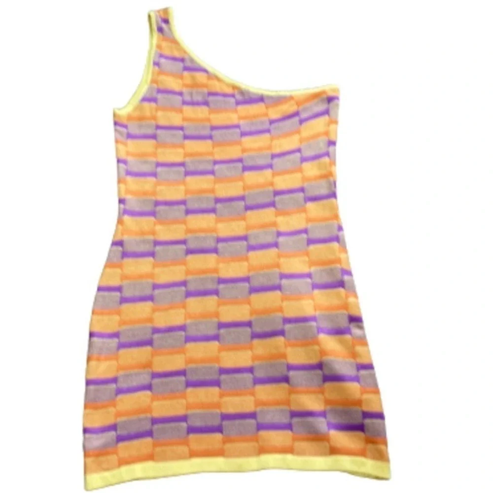 Cotton On Womens One Shoulder Mini‎ Dress Orange Purple Geometric Knit NWT XL