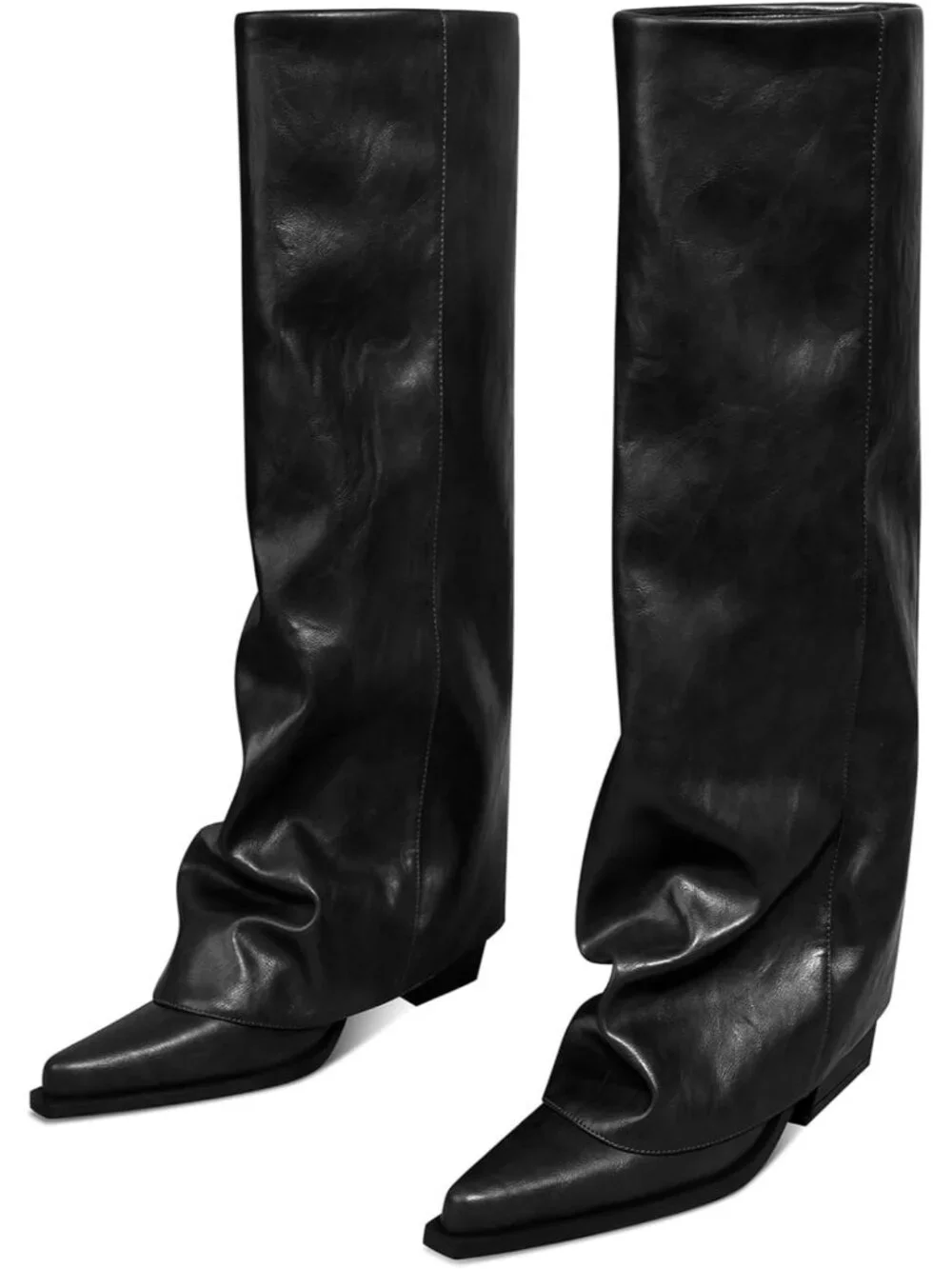 Women's Black Chunky Heel Pointed Toe Fold Over Wide Calf Knee High Boots