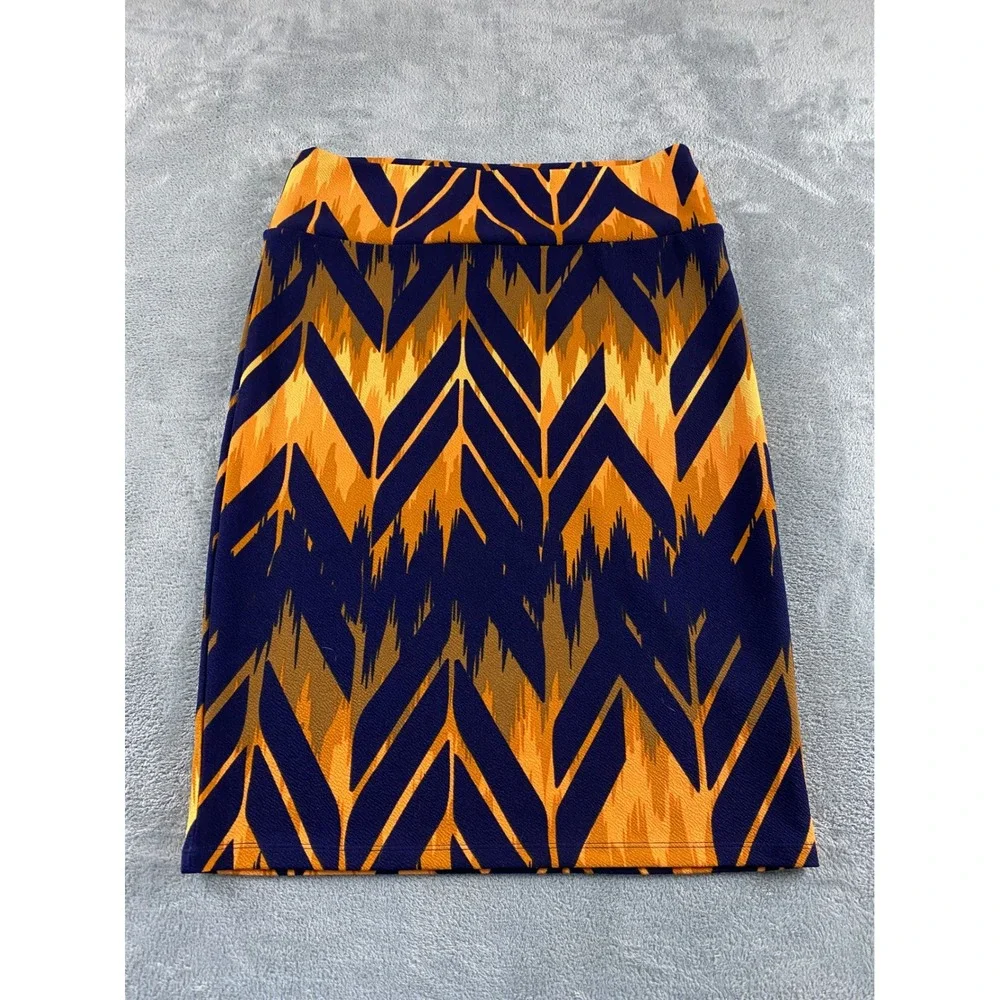 LuLaRoe Cassie Pencil Skirt Large Navy Mustard Yellow Brown‎ Chevron Ikat Print