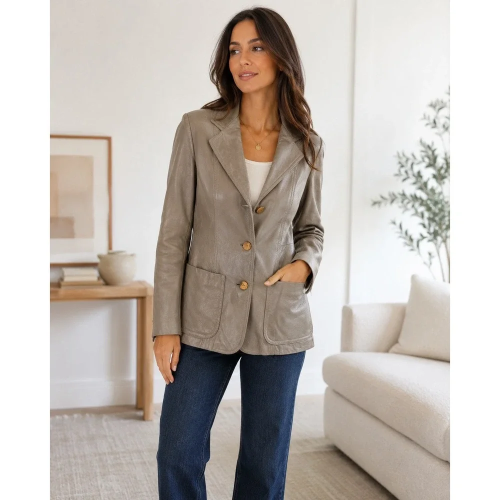 Vintage Women Brown Leather Blazer Jacket 3-Button Patch Pocket Taupe Medium