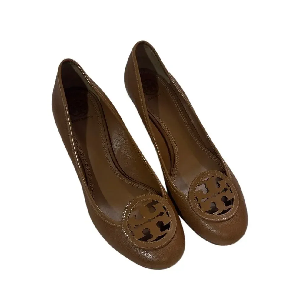 Tory Burch Womens 8.5 Sally Leather Wedge Pumps Designer Formal Logo Office