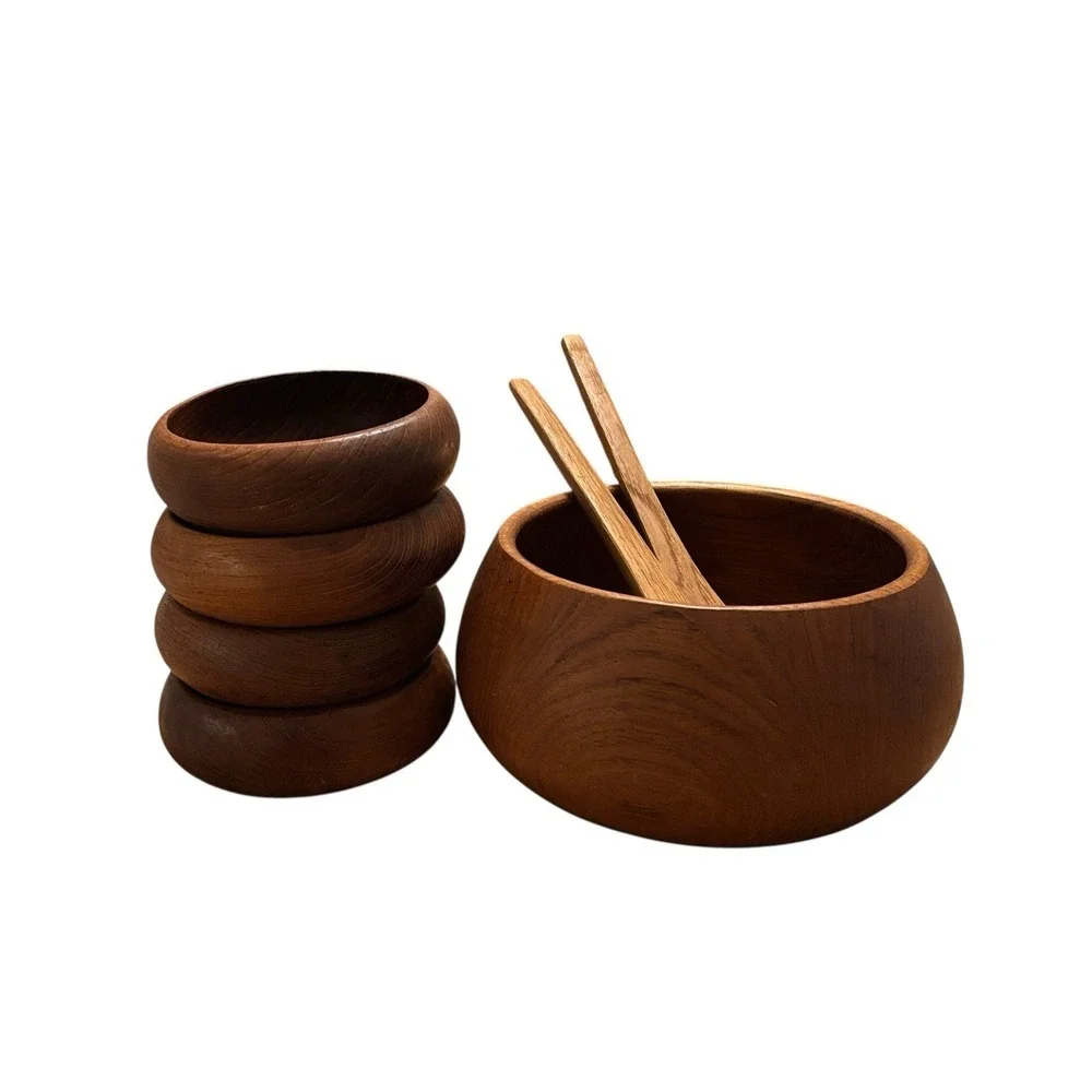 Teak Wood Salad Bowl Server Spoon Set Vintage MCM‎