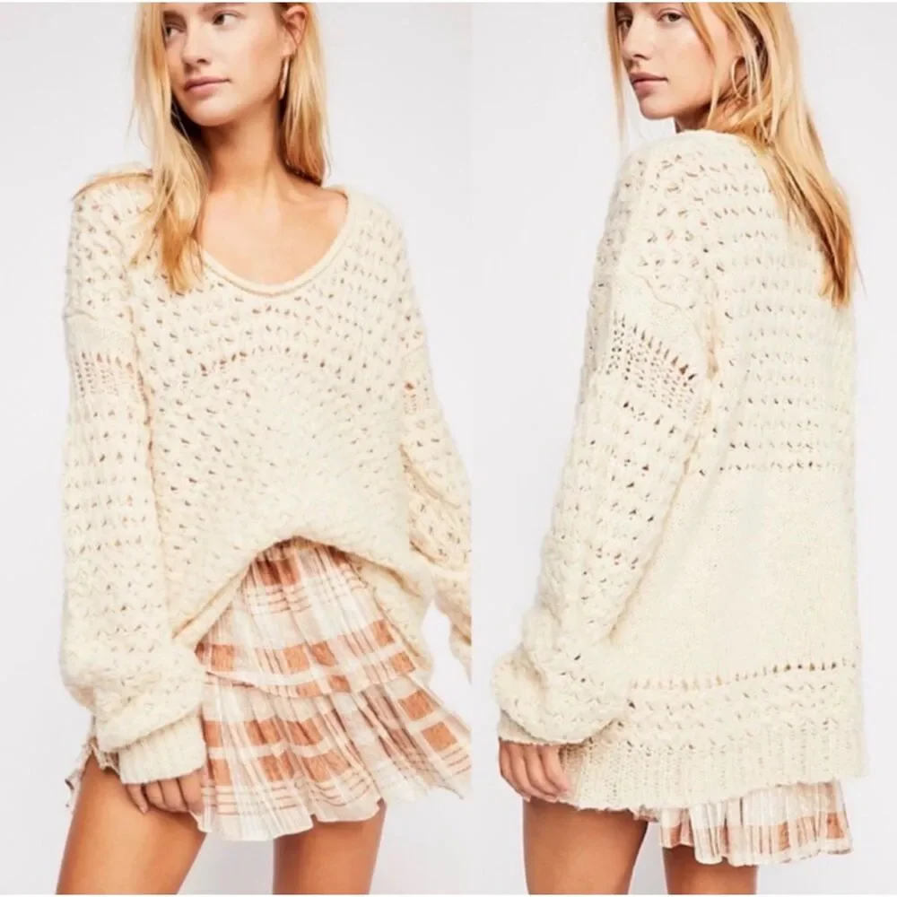 FREE PEOPLE Crashing Waves V-Neck Open Knit Slouchy Pullover Sweater Cream, Sz M