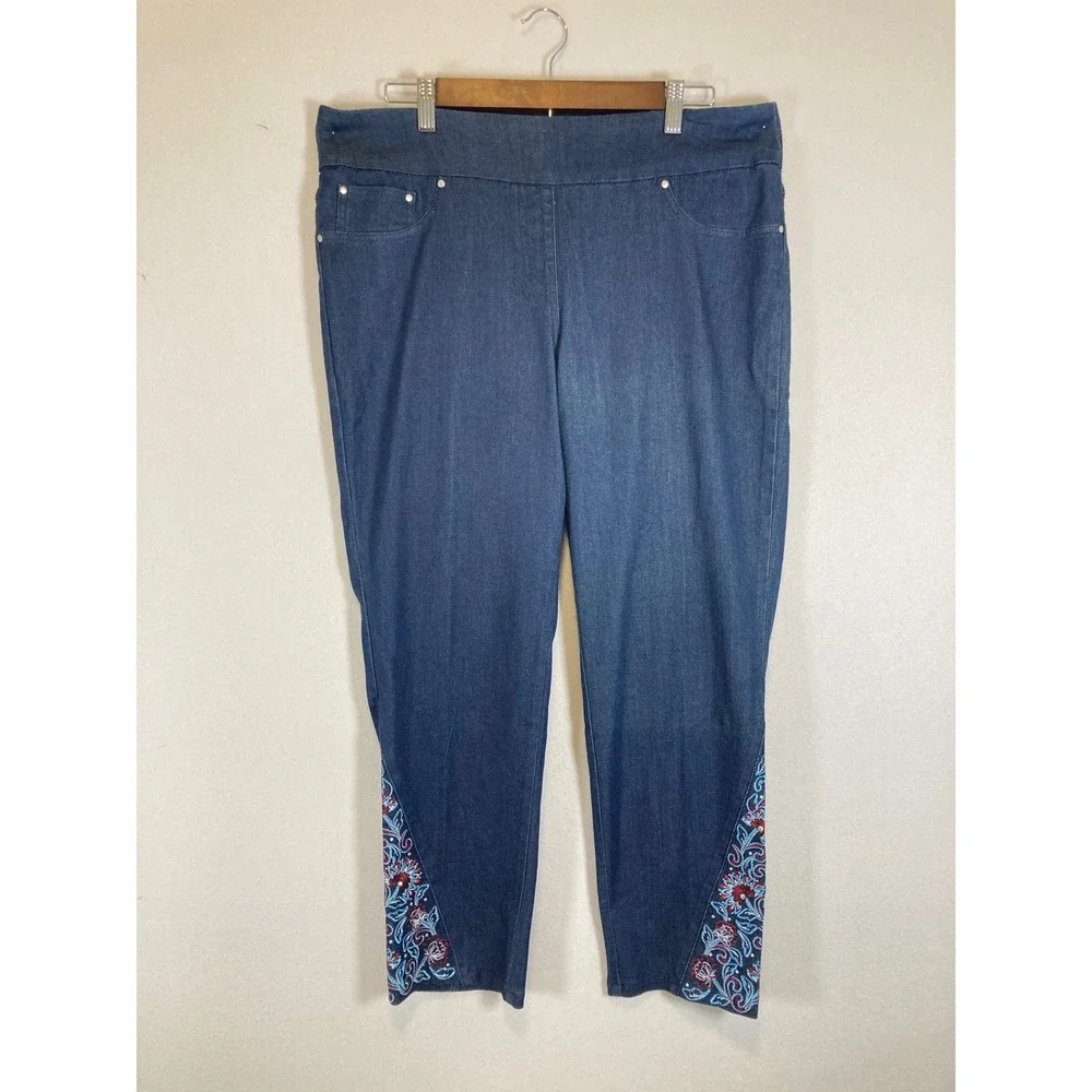 Boho Floral Ruby Rd. Womens 12 Blue Embroidered Pull-On Cropped Jeans 23100 QI‎