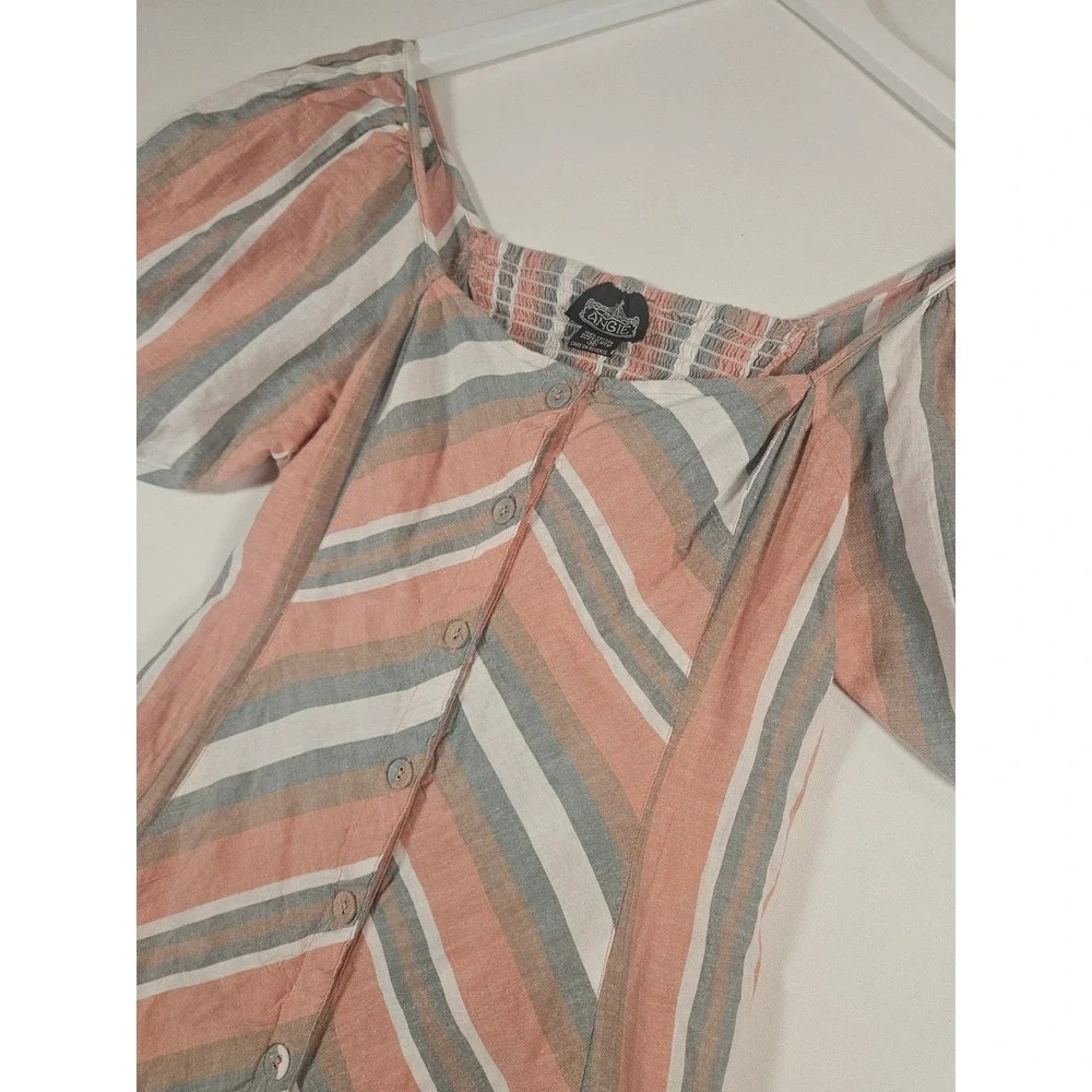 Angie Striped Dress Women Medium Cotton Boho Puff Sleeve Button Coastal