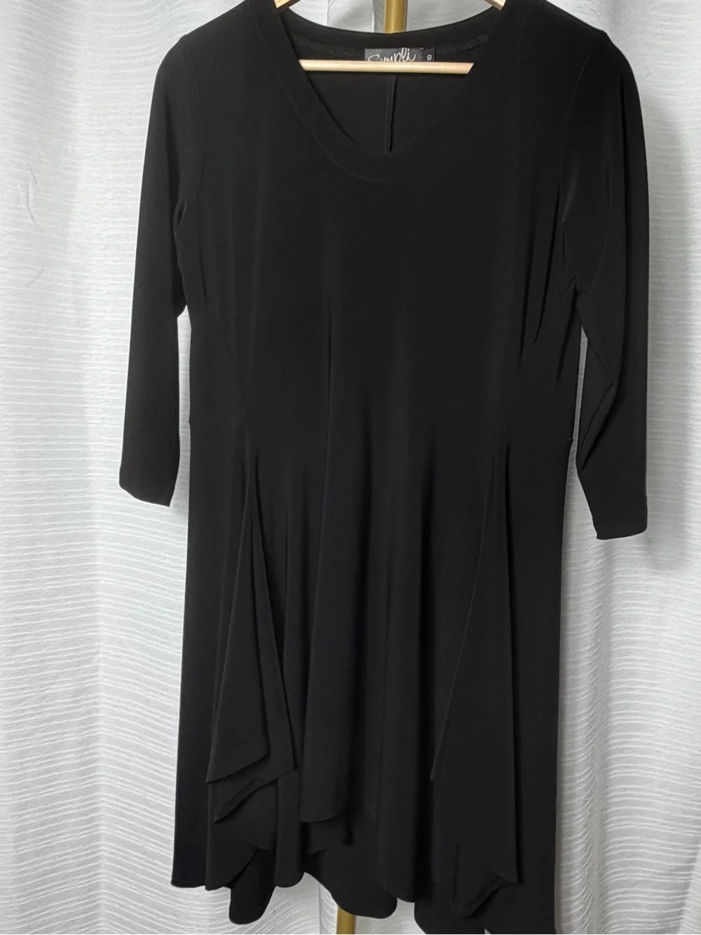 Sympli Black Scoop-Neck Draped A-Line Dress