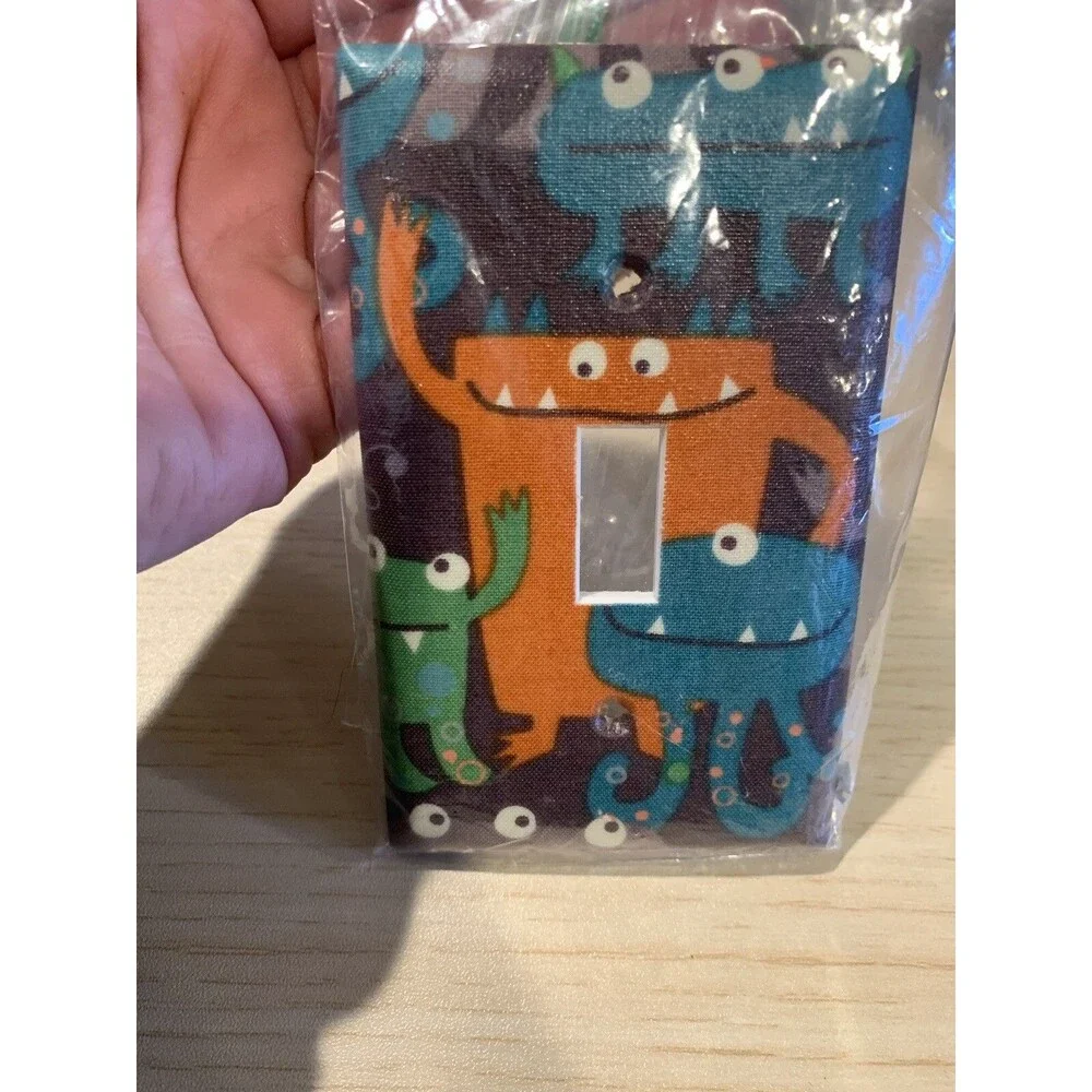 Happy Monsters Cloth Covered Light switch Plate Handmade Orange, Blue, Green