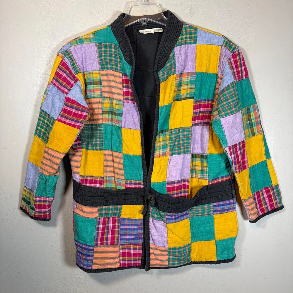 OSY Vintage Patchwork Quilted Jacket Womens Medium Multi Color Plaid‎ Boho Coat