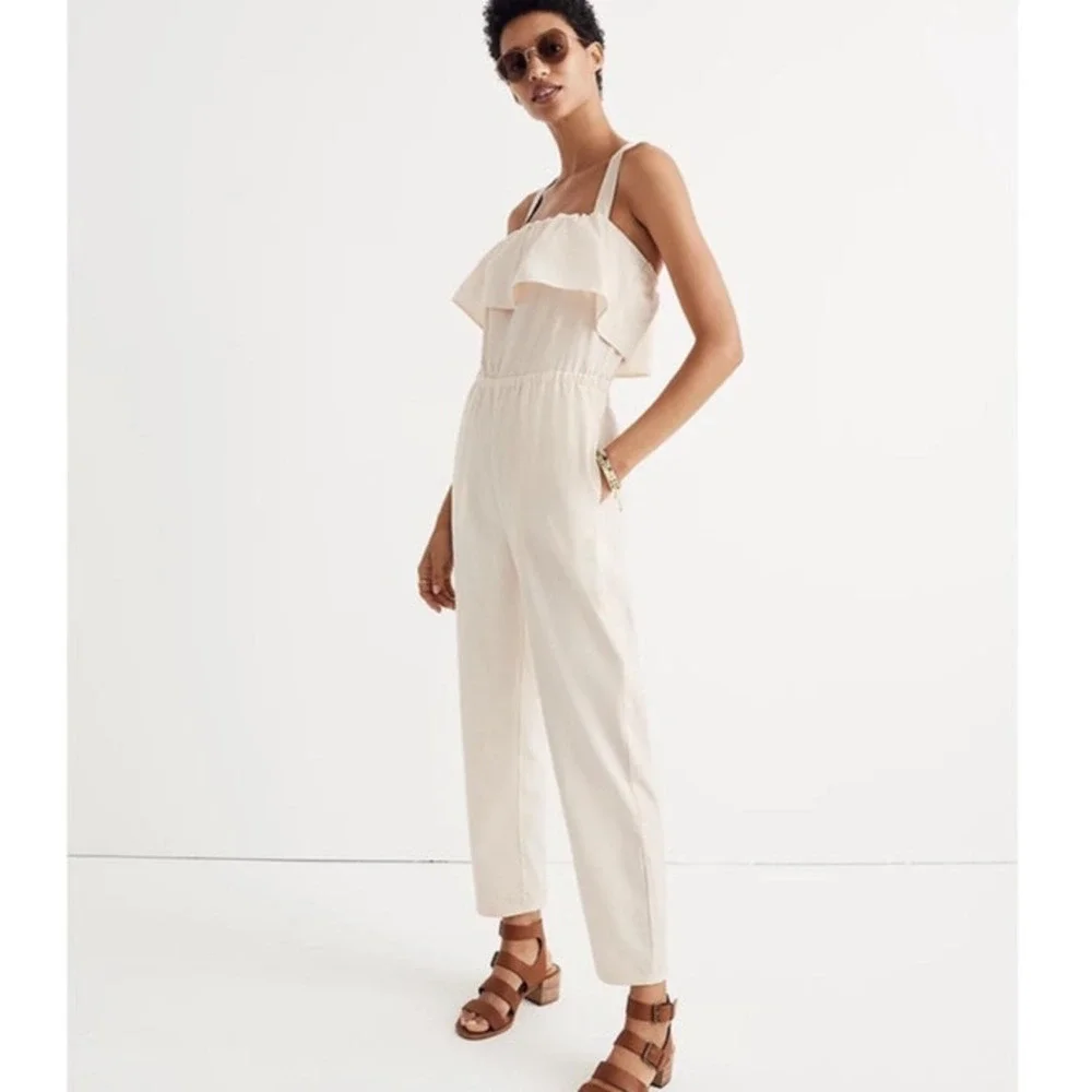 Madewell Apron Ruffle Linen Blend Jumpsuit in Cream‎ H8825 Size S