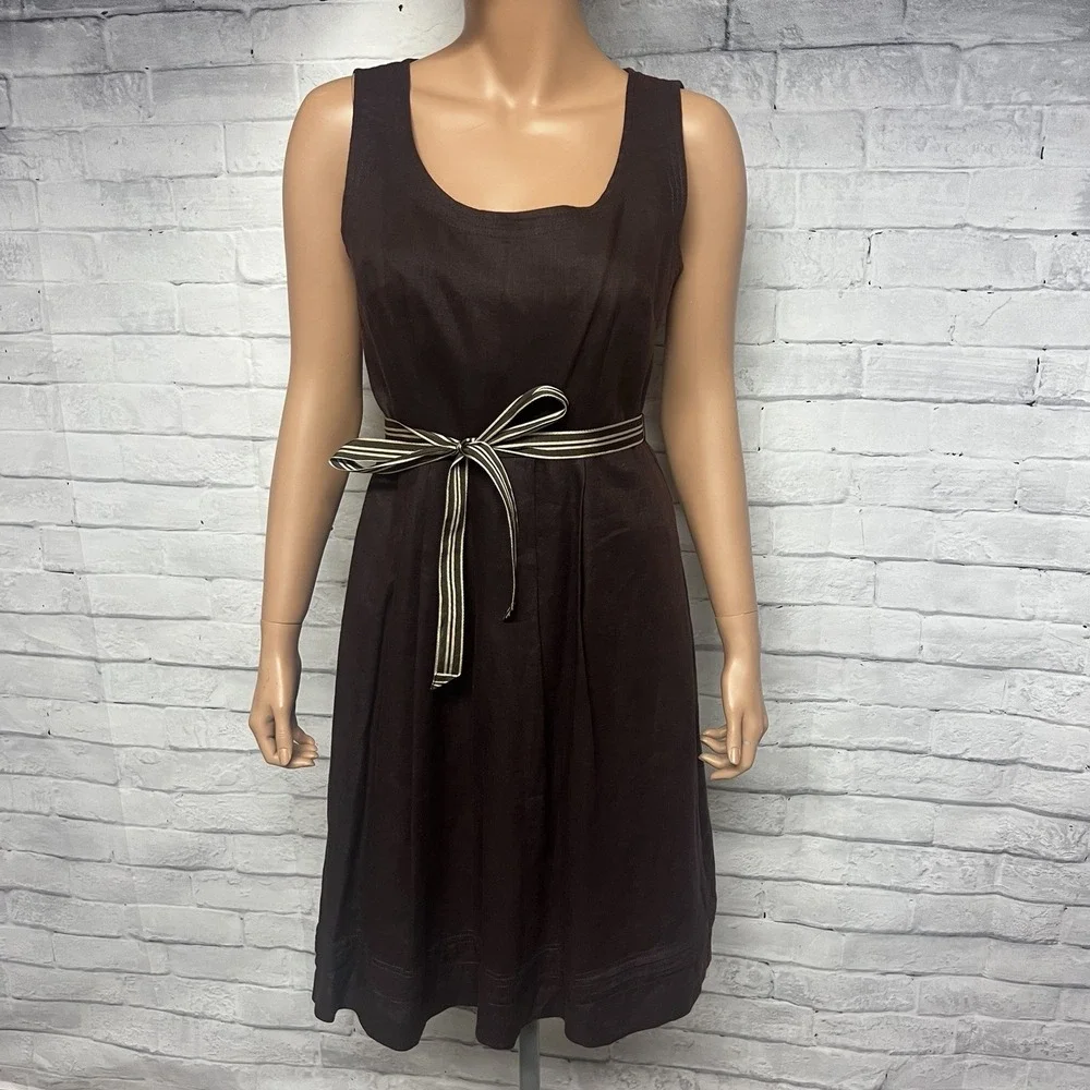 Banana Republic Dress Womens 4 Brown Linen Sleeveless Striped Ribbon Belt Resort