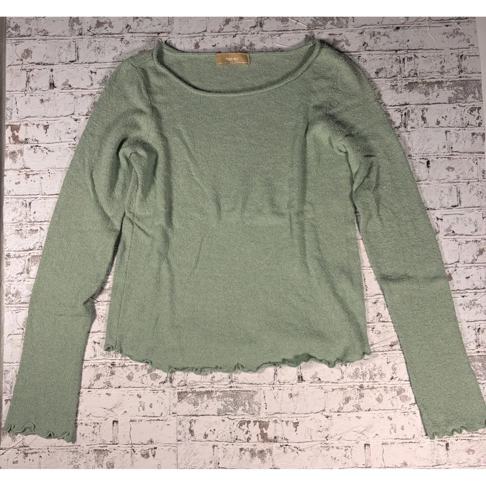 Free People‎ Free-est Sage Green Textured Lettuce Edge Knit Top Large OB1628163