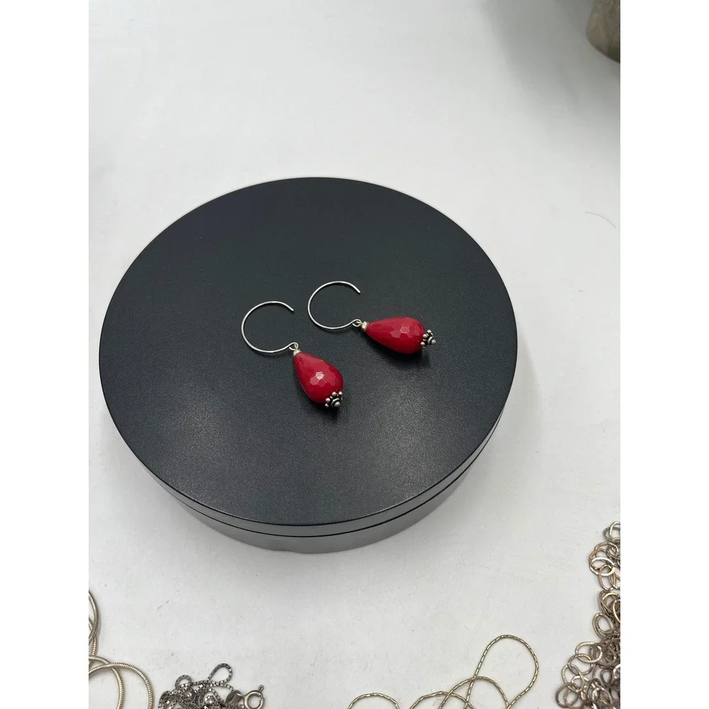 Genuine Red Jadeite‎ Sterling Silver 925 Dangle Earrings Faceted Teardrop 2