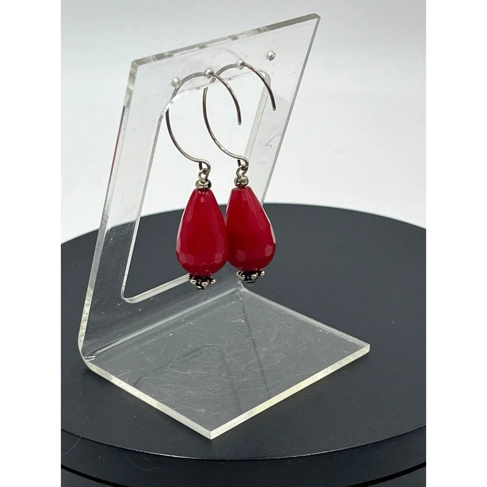 Genuine Red Jadeite‎ Sterling Silver 925 Dangle Earrings Faceted Teardrop 2