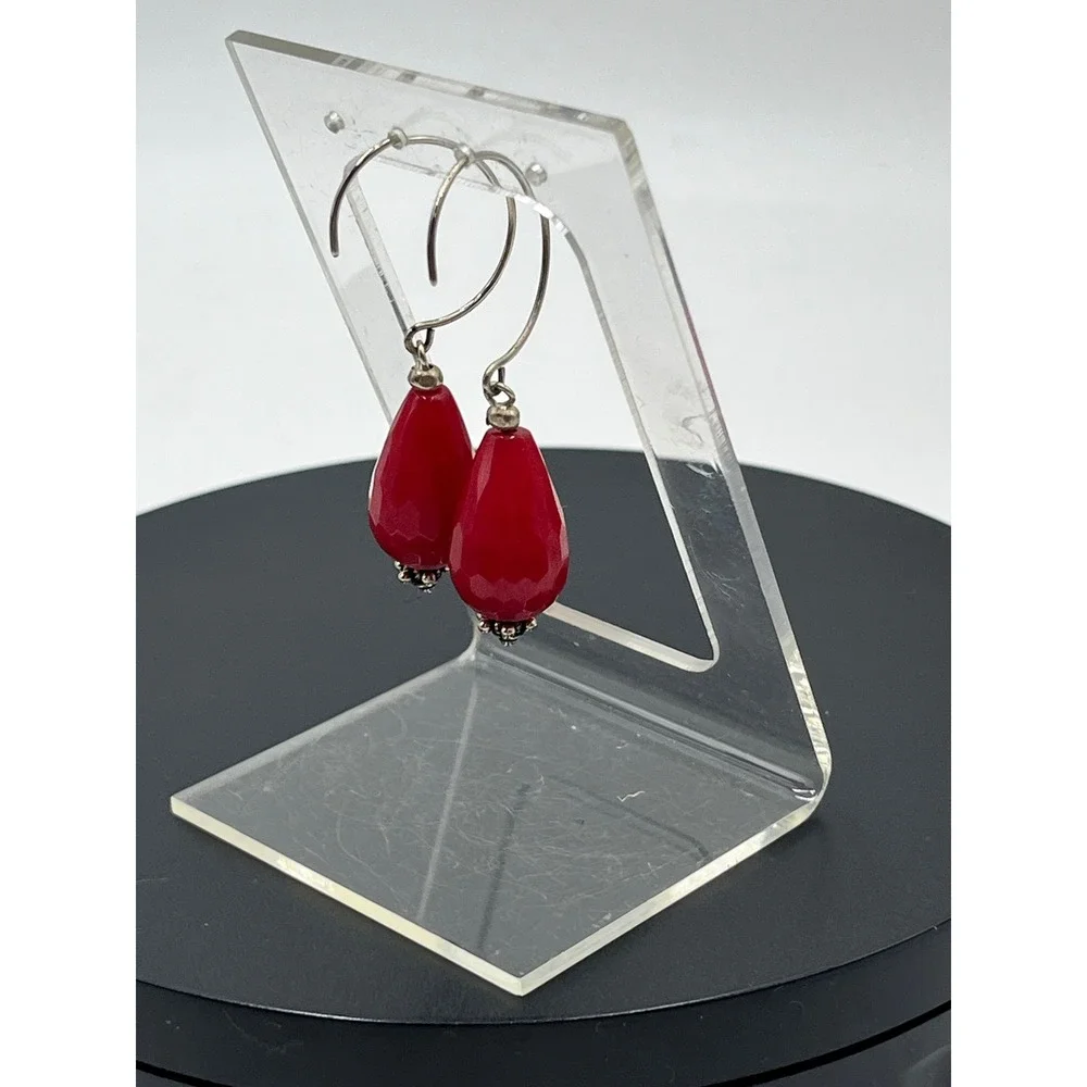 Genuine Red Jadeite‎ Sterling Silver 925 Dangle Earrings Faceted Teardrop 2