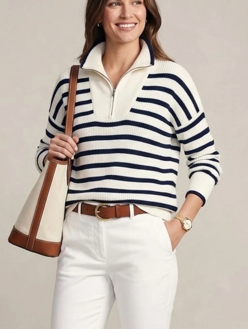 Lands' End Drifter Striped Quarter Zip Sweater