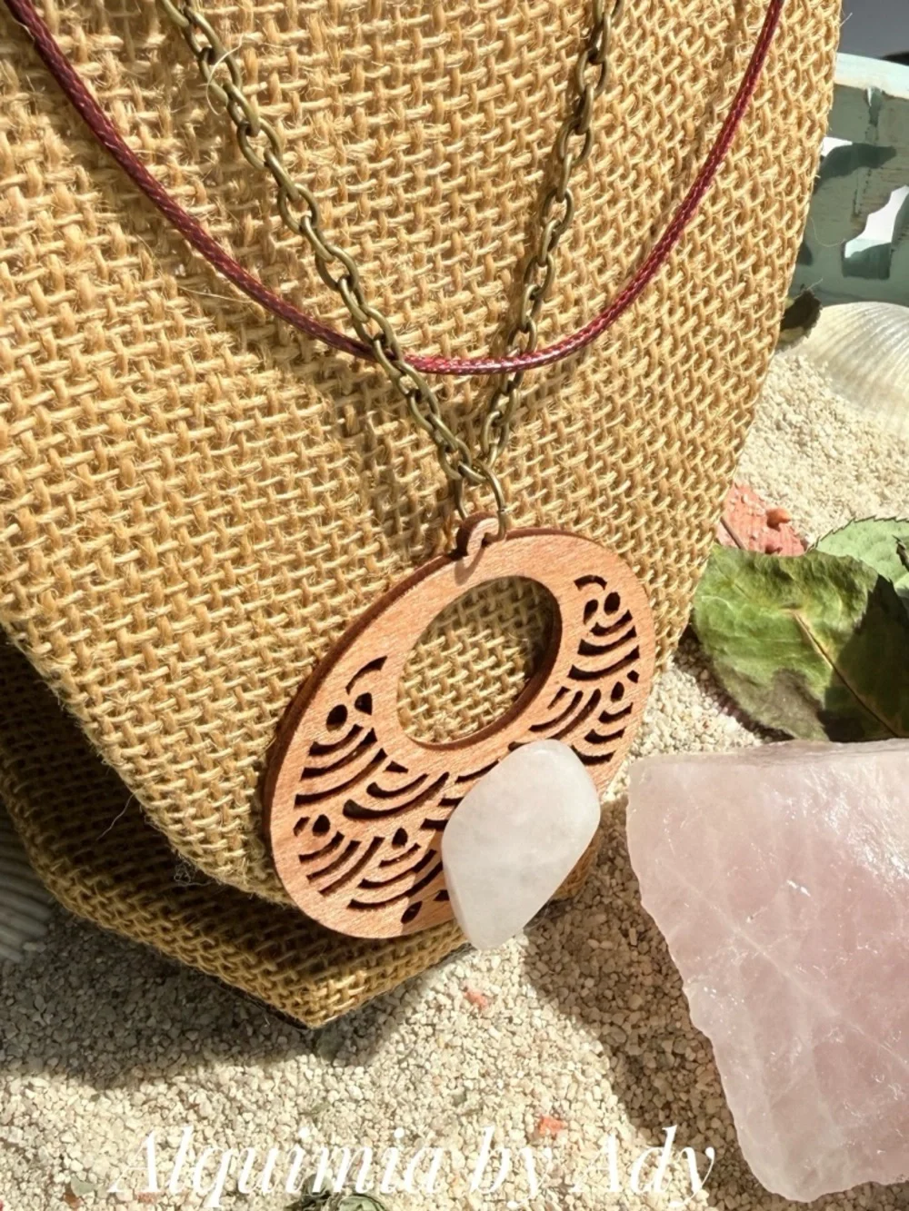 MONUMENTAL Rose Quartz Pendant Necklace with Carved Wood and Pink Cord