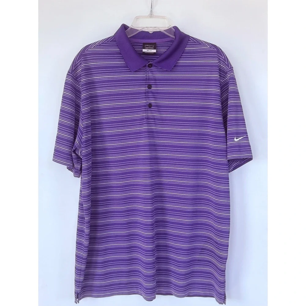 Nike Golf Dri-FIT Men XL Purple White Stripe Short Sleeve Polo Shirt Performance