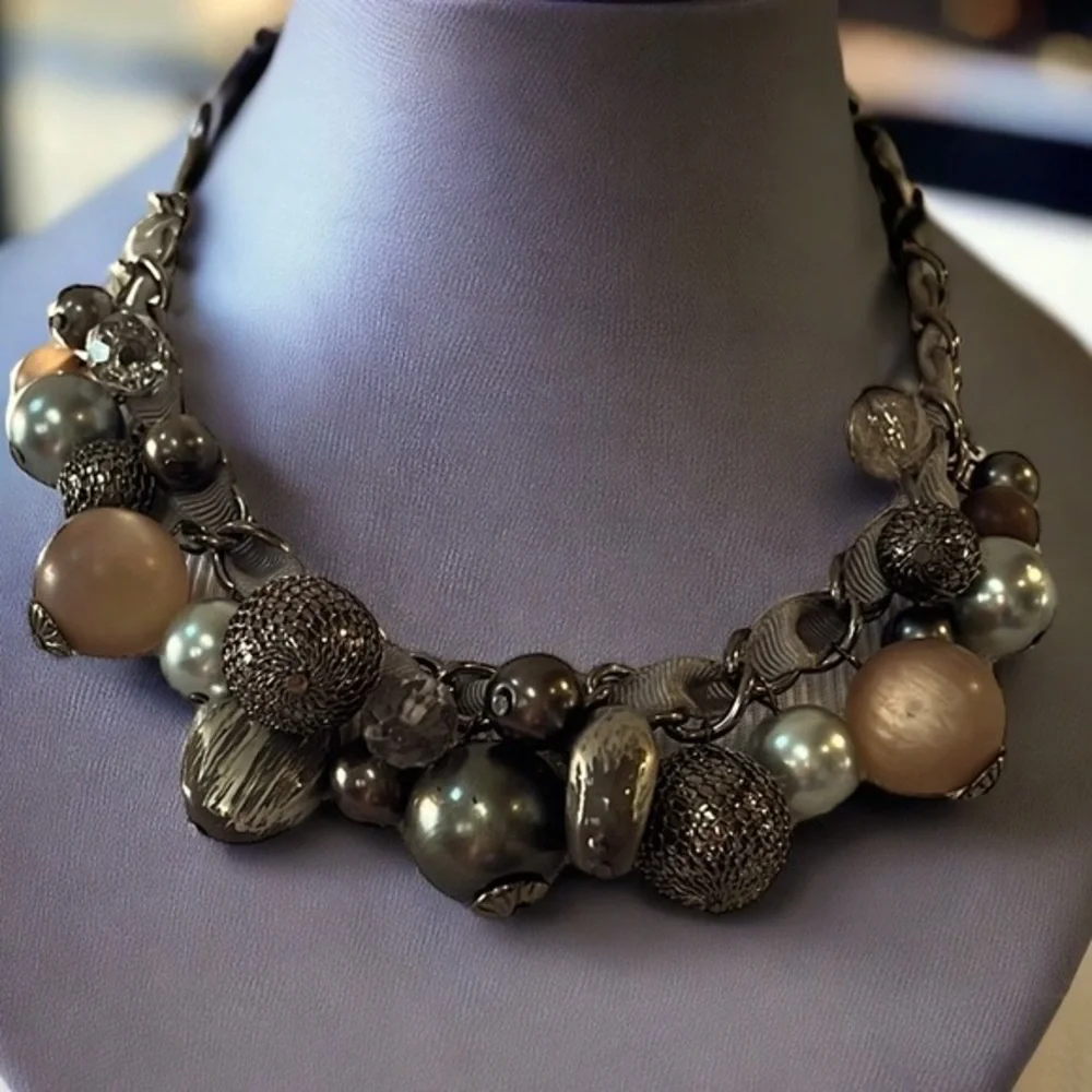 LARGE MIXED BEAD RIBBON LACE CHAIN CHOKER NECKLACE