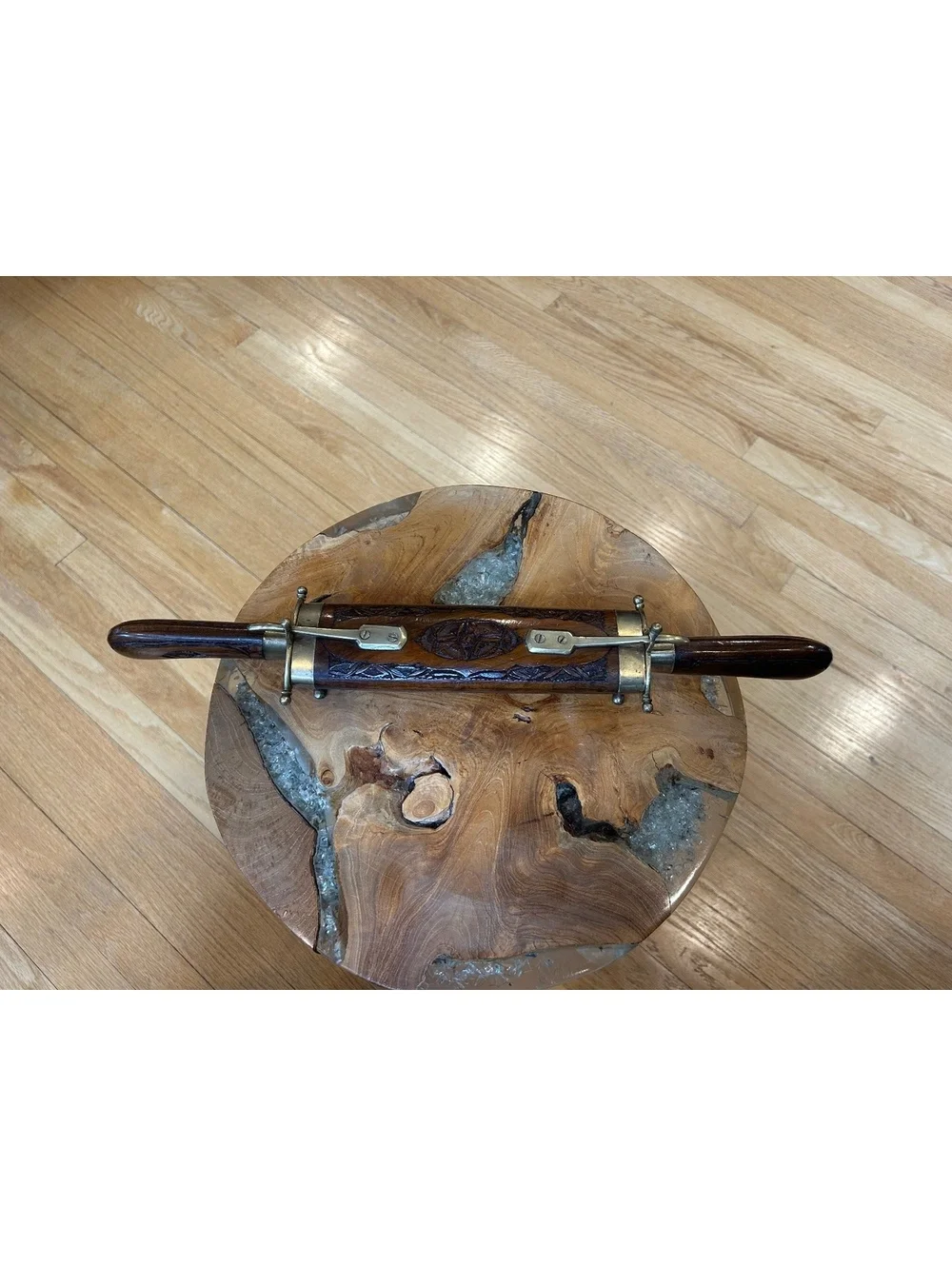 Old Meat Carving Set w/ Brass and Wood Carved Handles and Knife and Fork Stand