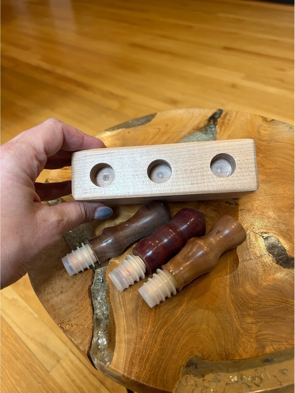 Handcrafted Wooden Bottle Stoppers with Maple Wood Holder