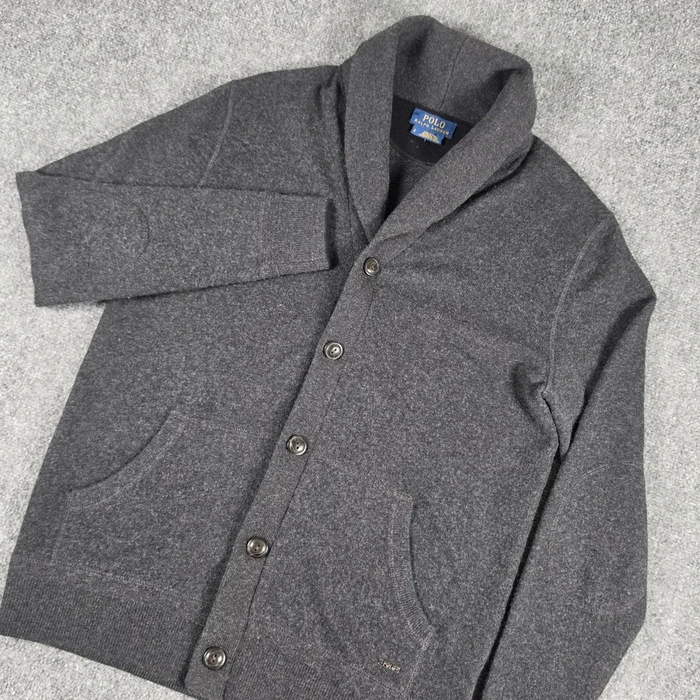 Polo Ralph Lauren Cardigan Mens Small Gray Merino Wool Shawl Collar Elbow Patch