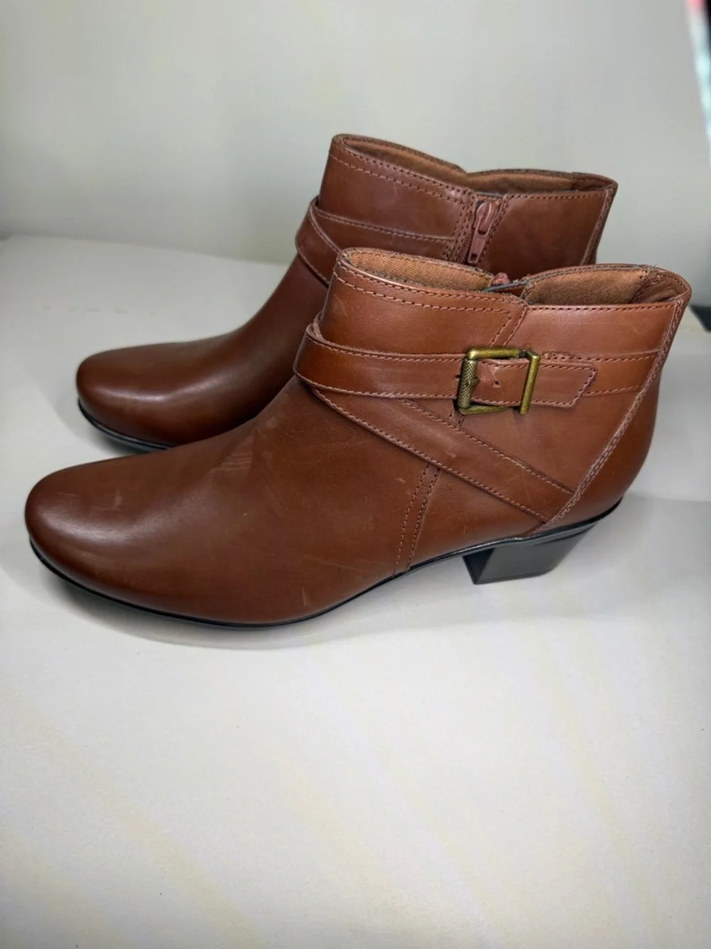 Women's Brown Leather Ankle Boots with Buckle Detail‎