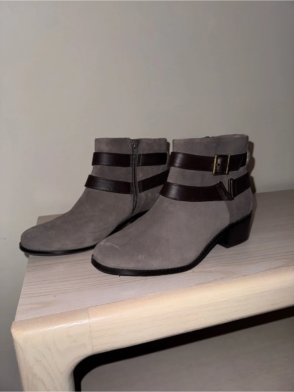 Vionic Tan Suede Ankle Boots with Dark Brown Straps