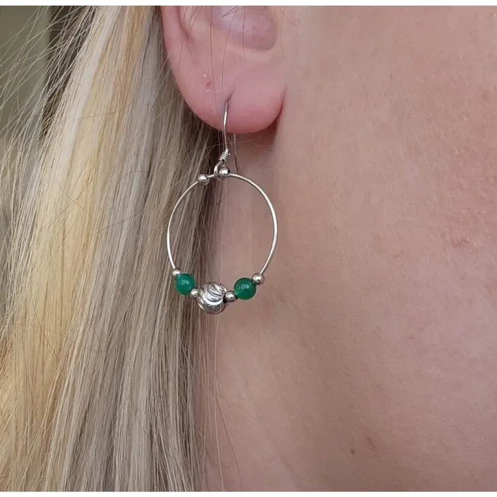 Solid 925 Sterling Silver Fine‎ Jewelry Round Hoop Earrings green Aventurine new