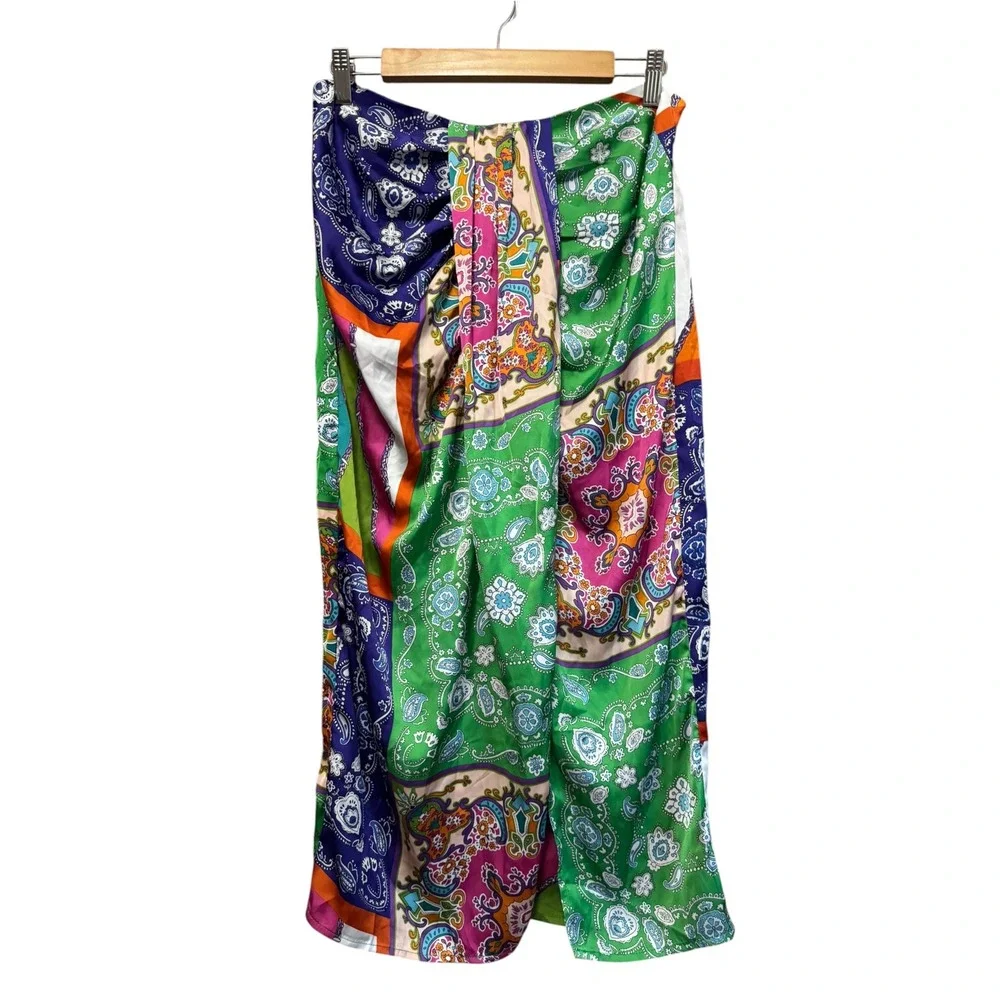 SHEIN VCAY Midi Skirt Women Large Green Multi Paisley Patchwork NWT Draped