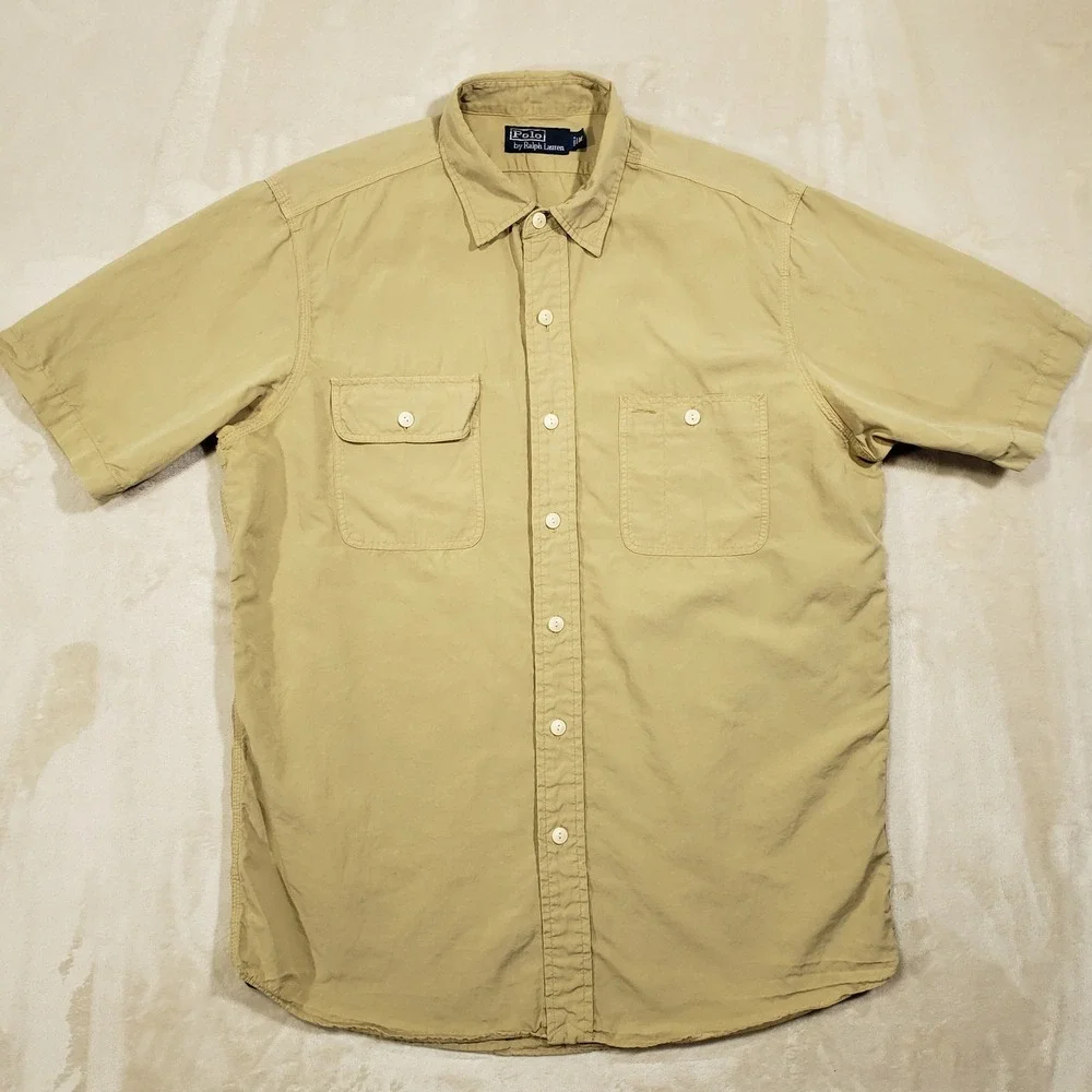 Polo Ralph Lauren Safari Button Up Shirt Men Medium Tan Linen Blend Short Sleeve