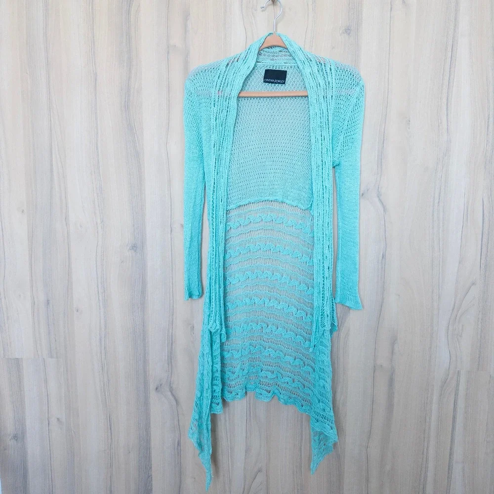 Cynthia Rowley Crochet Open Knit Cardigan‎ Small Turquoise Mermaid Boho Coastal