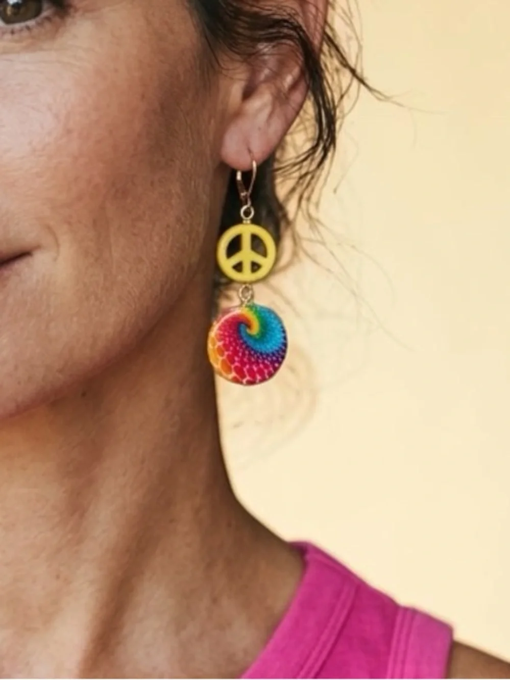 HAND CRAFTED RAINBOW TIE DYE PEACE SIGN EARRINGS - Boho Retro Dangle Pride