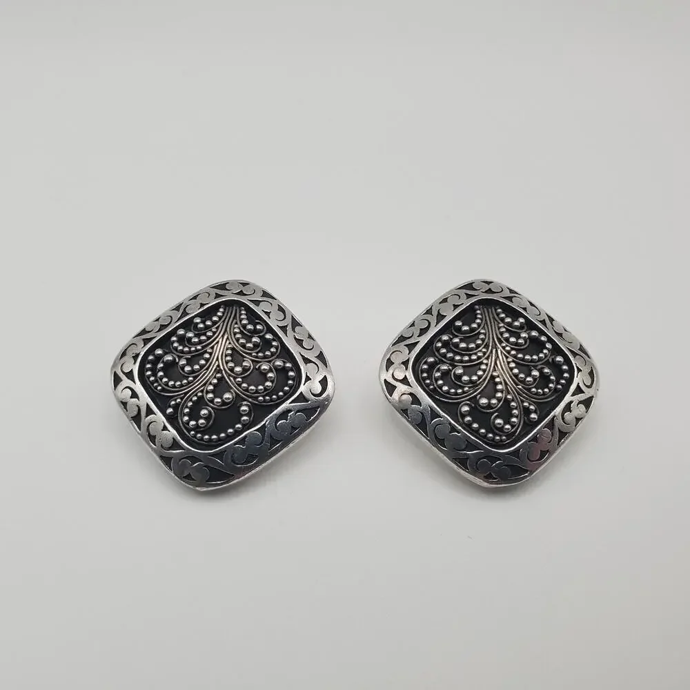 Estate Designer Lois Hill Indonesia Sterling Silver Scroll Large Square Earrings