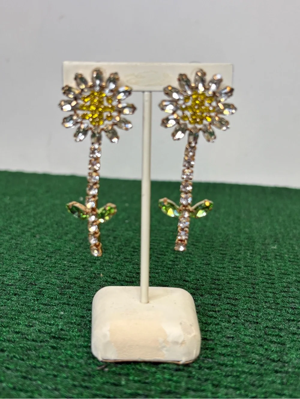 Sunflower Crystal Drop Earrings - Yellow & Green