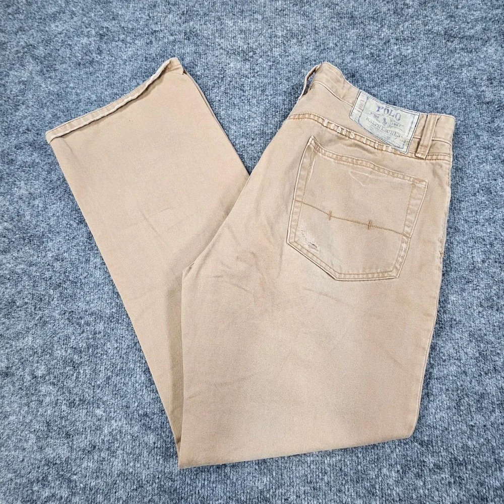 Polo Ralph Lauren Classic 867 Mens 34x29 Distressed Khaki Pants Cotton Twill Tan