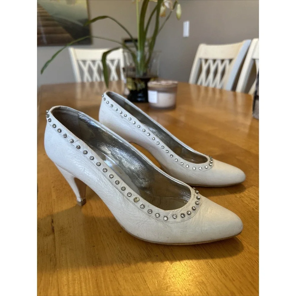 vintage el vaquero white leather heels pumps‎ rhinestone outline size 37