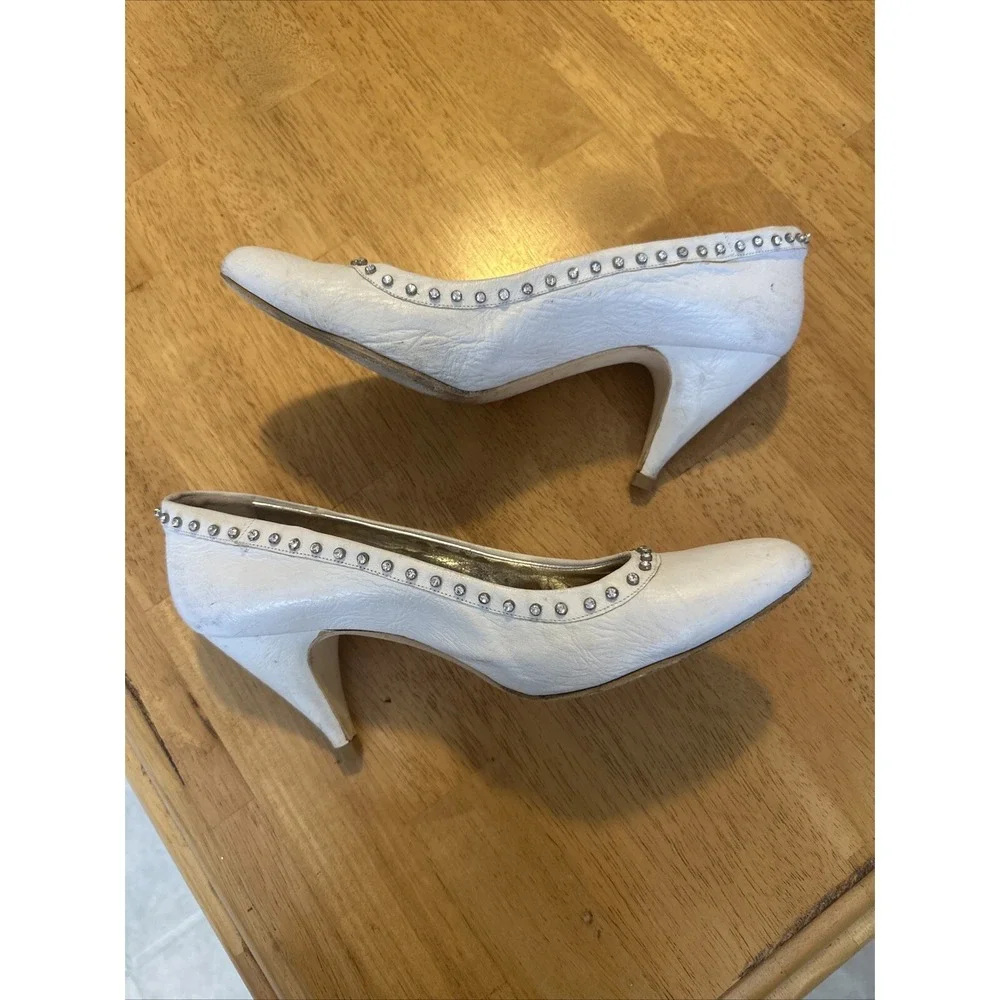 vintage el vaquero white leather heels pumps‎ rhinestone outline size 37