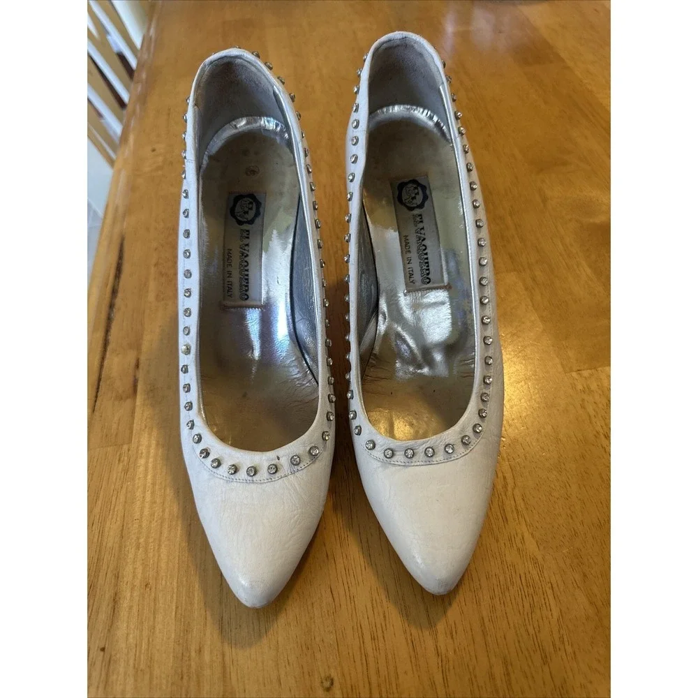 vintage el vaquero white leather heels pumps‎ rhinestone outline size 37