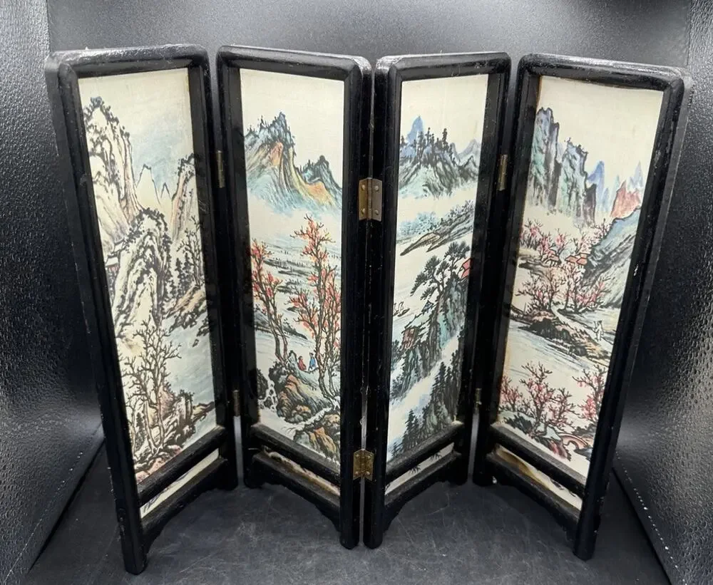 Vintage Asian Style 4 Panel Folding Doll House Screen Hand Painted Landscape