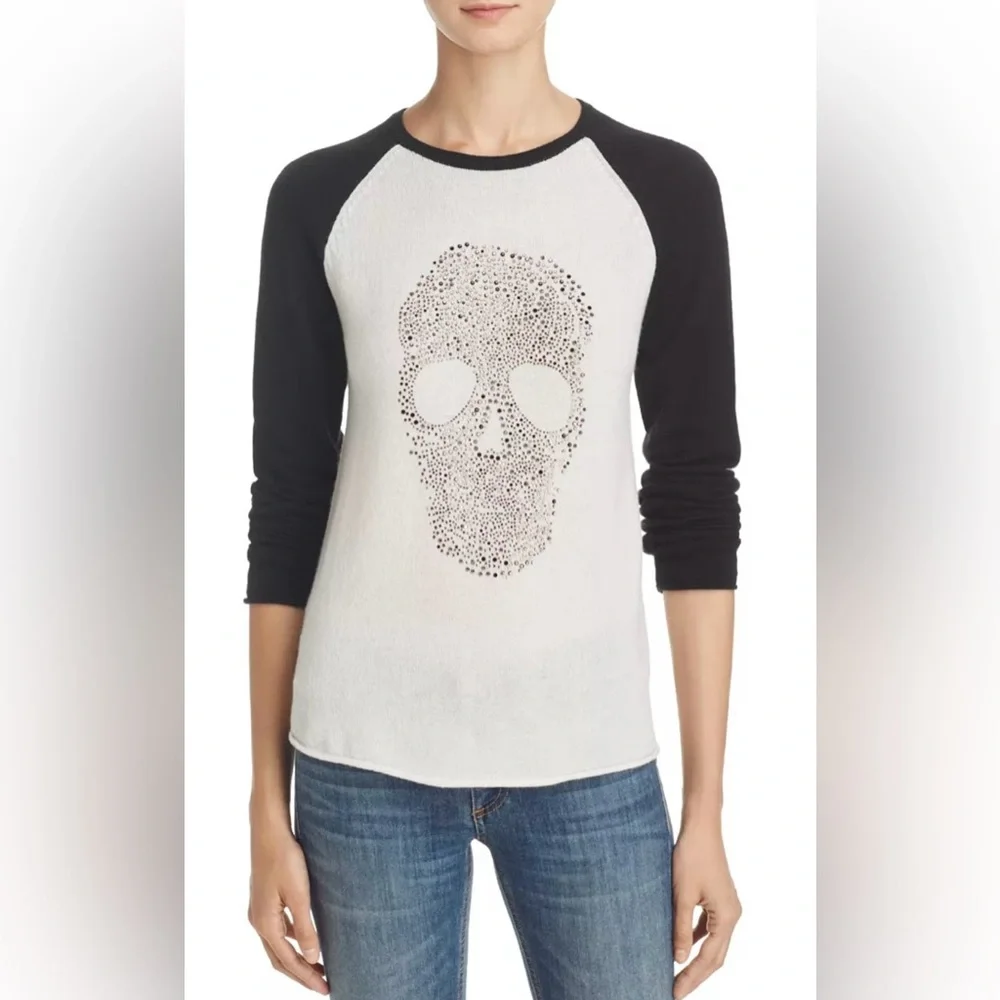 Aqua 100% Cashmere Embellished Skull Cashmere Baseball Style Sweater Large NWT