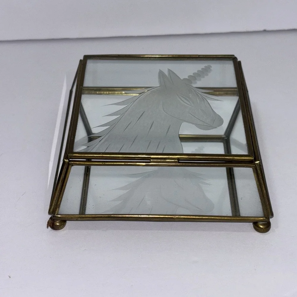Vtg Brass w/ Etched UNICORN Glass Lid & Mirror Hinged Curio Jewelry Trinket Box
