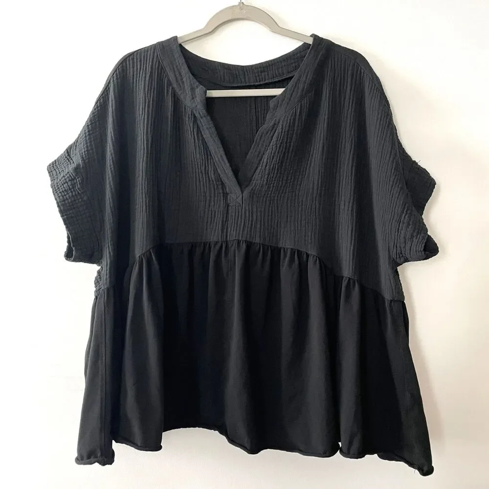 Womens Black Textured Gauze Peplum Blouse Short Sleeve Est Size XXL