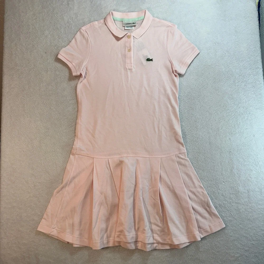 Lacoste Kids Pink Short Sleeve Pleated Pique Polo Dress Size 12 5191L