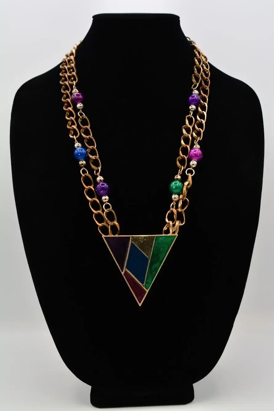 Vintage Multicolor Enamel Geometric Triangle Statement Necklace Gold Beaded BinY
