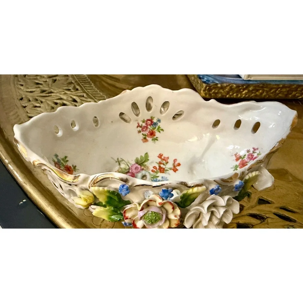 Vintage German Porcelain Reticulated Bowl Encrusted Flowers Gold Gilt Footed