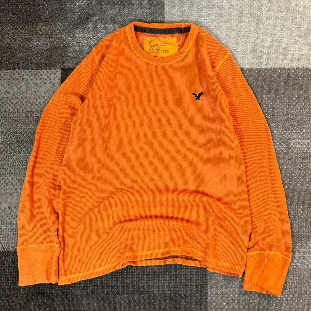 American‎ Eagle Outfitters Mens L Orange Waffle Knit Thermal Long Sleeve Shirt