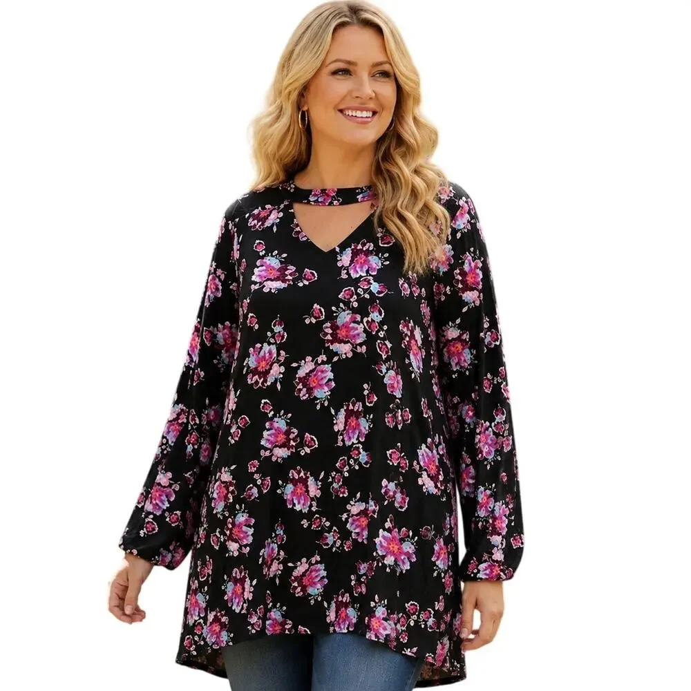 Lane Bryant NEW Floral Keyhole Tunic Womens Size 22 Petite Black Multicolor Top