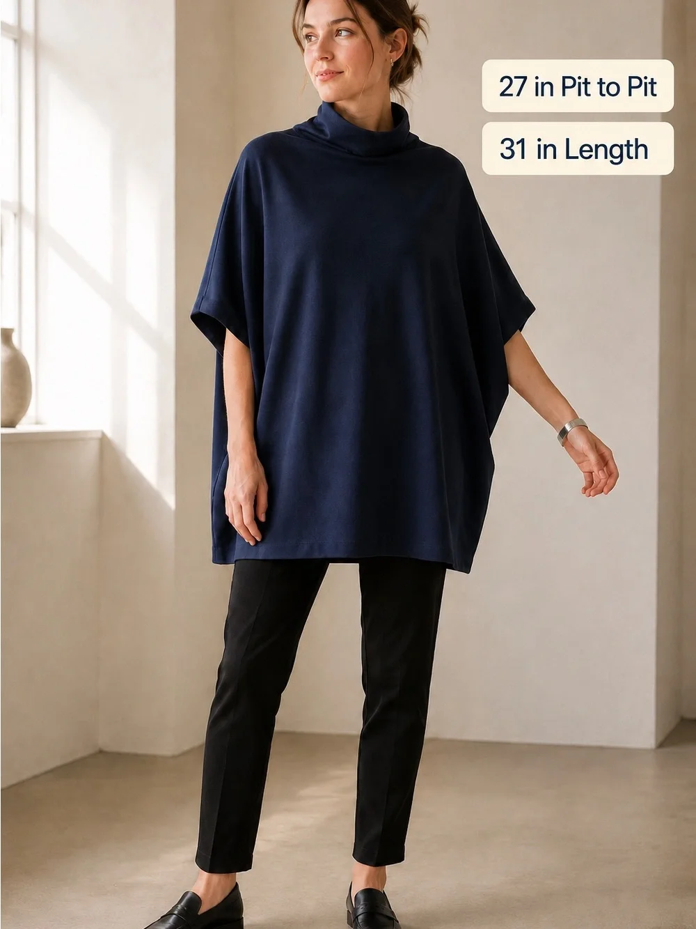 Kal Rieman Women’s XL Navy Funnel Neck Poncho Tunic Top Oversized Minimalist